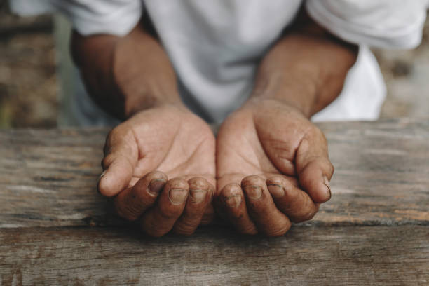 istock Male wrinkled hands, old man is wearing 1445957206