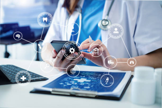 istock Medicine doctor using digital tablet and smartphone diagnose virtual electronic medical record on interface.Digital healthcare and network on virtual screen medical technology 1445957717