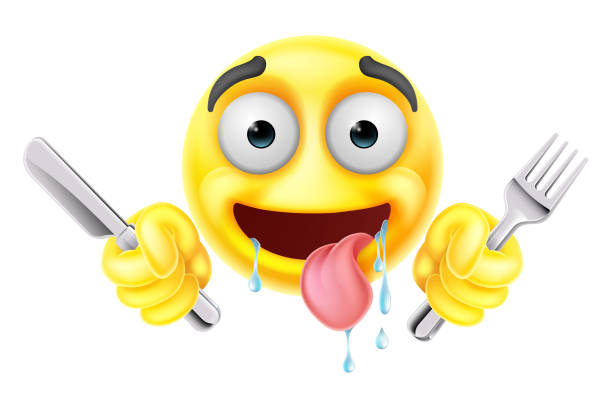 illustrazioni stock, clip art, cartoni animati e icone di tendenza di sbavando affamato emoticon coltello forchetta fumetto faccia - spitting