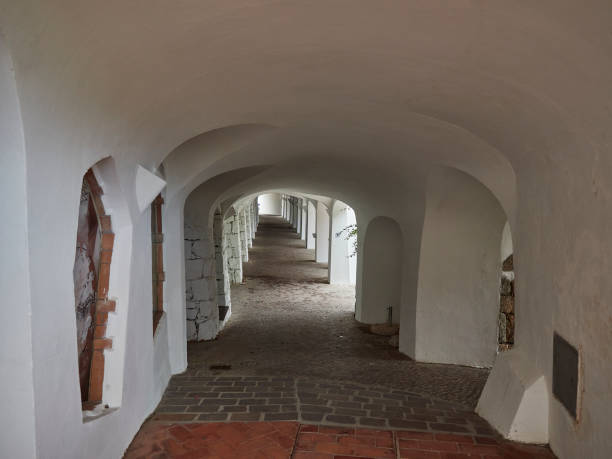 Columns and arches in the hazy foggy antechamber of the entrance to a medieval crypt
