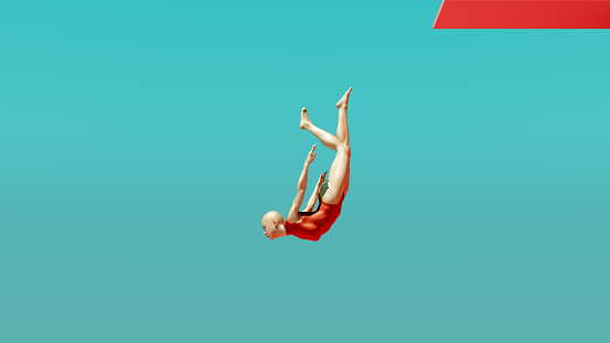 Woman Jumping Diving Sunny Blue Turquoise Sky Pink Springboard Swimsuit Diving Aquatic Sport 3d illustration render