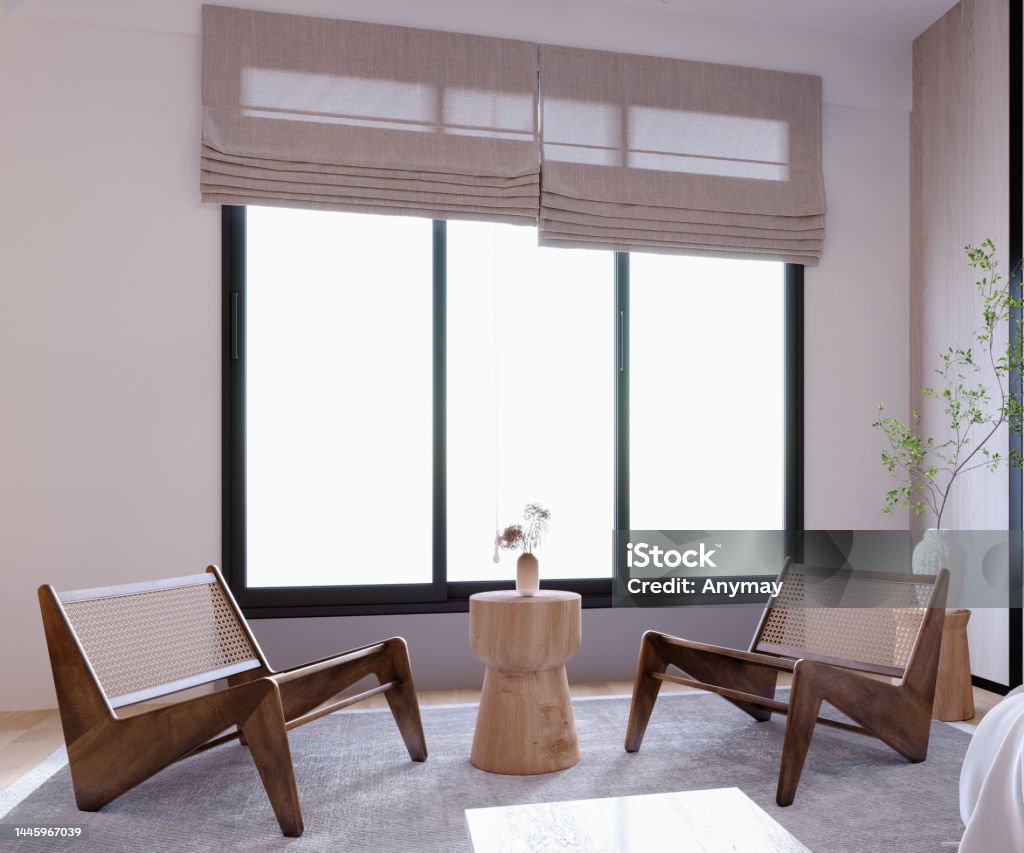 3d rendering,3d illustration, Interior Scene and  Mockup,Stylish interior with modern style,decorate the wall with wood and battens pattern home,striking ceiling lights. Living Room Stock Photo