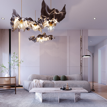 3d rendering,3d illustration, Interior Scene and  Mockup,Stylish interior with modern style,decorate the wall with wood and battens pattern home,striking ceiling lights.