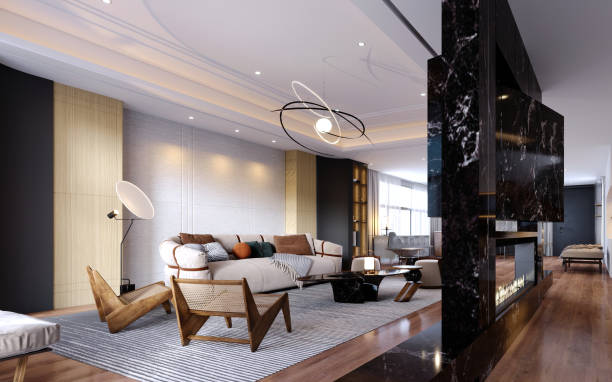 istock 3d rendering,3d illustration, Interior Scene and  Mockup,living room modern style with concept a marble fireplace,marble tv wall. 1445967069