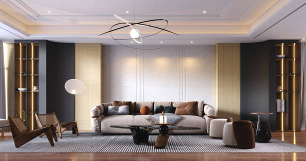 istock 3d rendering,3d illustration, Interior Scene and  Mockup,living room modern style with concept a marble fireplace,marble tv wall. 1445967072