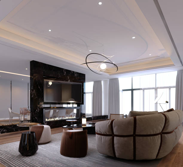 istock 3d rendering,3d illustration, Interior Scene and  Mockup,living room modern style with concept a marble fireplace,marble tv wall. 1445967394