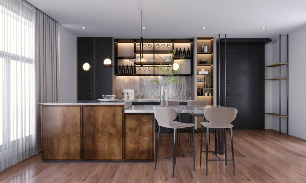 istock 3d rendering,3d illustration, Interior Scene and  Mockup,kitchen interior modern style,kitchen decorated with wood and stone. 1445967617