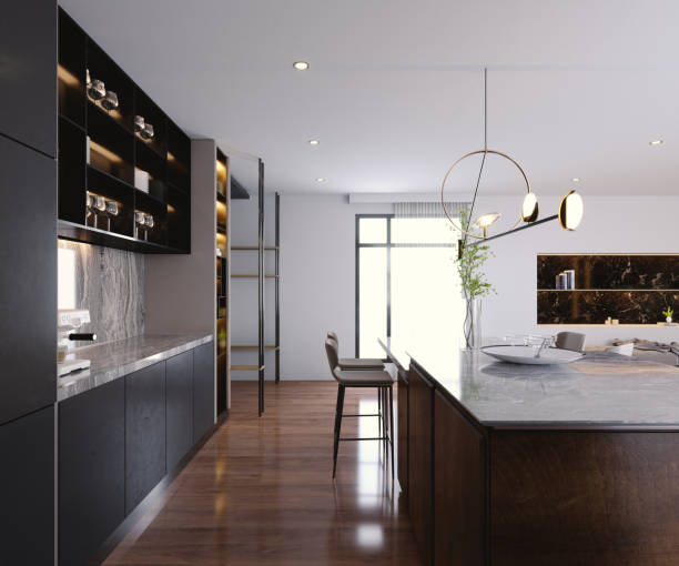 istock 3d rendering,3d illustration, Interior Scene and  Mockup,kitchen interior modern style,kitchen decorated with wood and stone. 1445967622