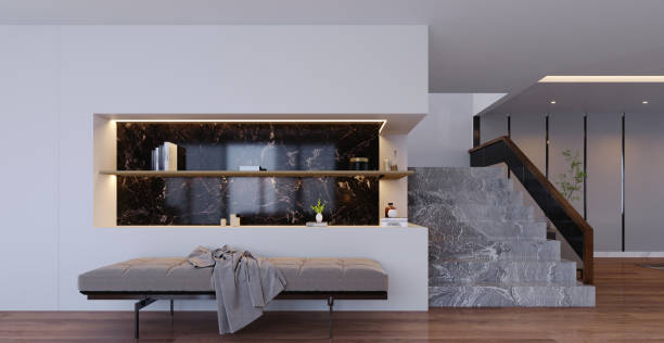 istock 3d rendering,3d illustration, Interior Scene and  Mockup,stairs and decorated wall,decorate the wall with a black stone patterned wall shelf. 1445967642