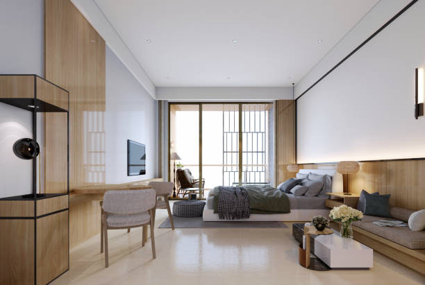 istock 3d rendering,3d illustration, Interior Scene and  Mockup,hotel bedroom and living area,modern and contemporary style render 3d. 1445968749