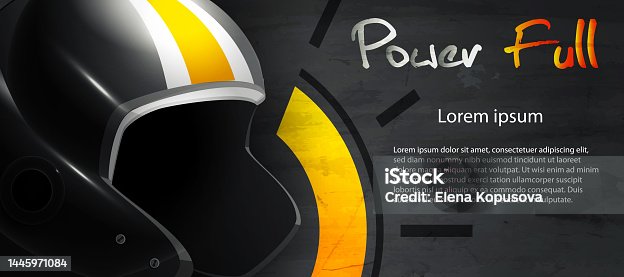 istock Sport and victory concept in realistic style. Sports racing helmet with a speedometer on the background of a concrete wall with space for text. 1445971084