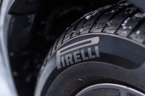MOSCOW, RUSSIA - FEBRUARY 05, 2022 Pirelli Tires wheel close up view. Pirelli Sottozero model tire logo close up view. Winter tires.