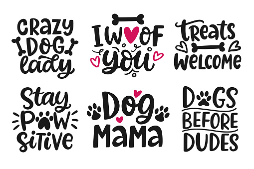 Love Dog lettering set. Funny Hand Drawn T Shirt Design Quotes collection, Pet Moms life, Modern brush calligraphy Isolated on white background. Inspiration graphic design typography element.