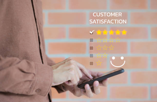 istock Client give excellent rating to service experience on online application, User evaluate quality of service reputation ranking of business. Customer satisfaction feedback survey concept, 1445978047