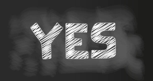 Blackboard with chalk writing yes phrase Blackboard with chalk writing yes phrase, hand drawn lettering, freehand script writing, vector art. yes no icon stock illustrations