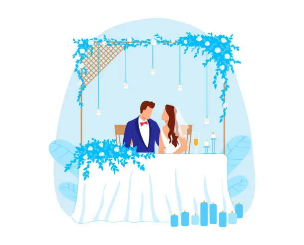 Vector illustration of Bride and groom table, wedding celebration design, vector illustration. Romantic decoration for love marrige event. Happy flat married people