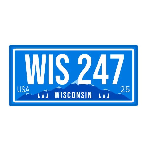 Vector illustration of American license plate with registration number, wisconsin usa state sign vector illustration. Colorful vehicle element design, isolated on white.
