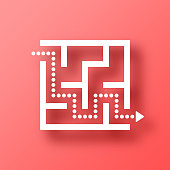 istock Maze and solution. Icon on Red background with shadow 1445979860