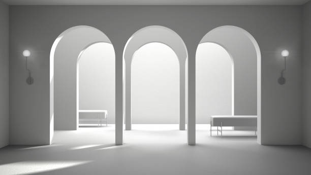 istock Total white project draft, classic eastern lobby, modern hall with stucco walls, interior design archways, empty space with ceramic tiles, bench, arches background with copy space 1445981233
