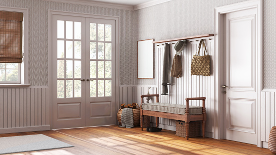 Scandinavian hallway in white and beige tones. Wooden bench and coat rack. Glass, wallpaper and entrance door, farmhouse interior design