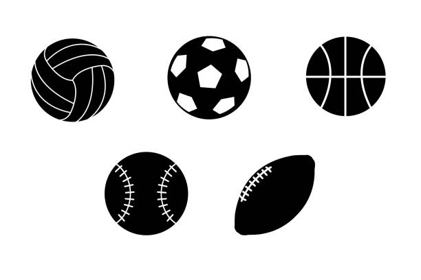 ベクタースポーツボールアイコンのセット。サッカー、バレーボール、テニス、バスケットボール、ラグビー用の黒いボール。白い背景にボールアイコン - basketball black background nobody isolated点のイラスト素材／クリップアート素材／マンガ素材／アイコン素材