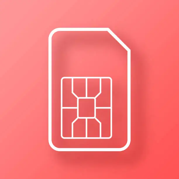 Vector illustration of SIM card. Icon on Red background with shadow