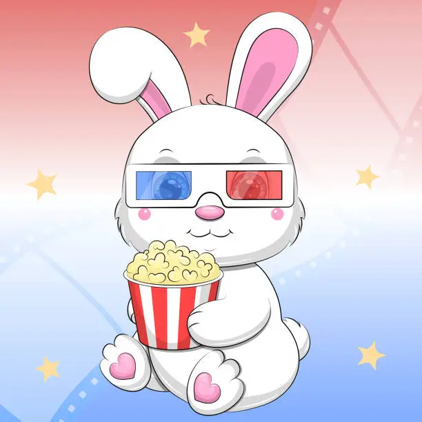 Vector illustration of Cute cartoon white rabbit in 3d cinema glasses holds popcorn.