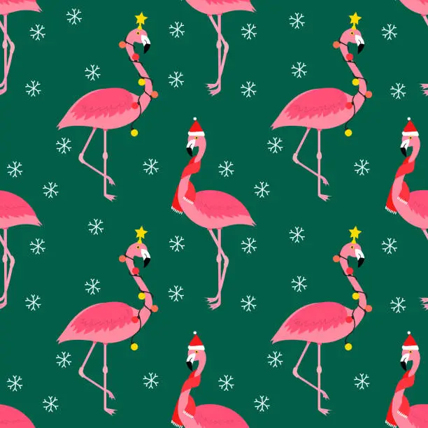 Vector illustration of Bright Flamingo New Year and Christmas Seamless Pattern Background.