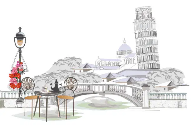 Vector illustration of Series of travel backgrounds with Italian sights, street cafes and architectural views. The tower of Pisa.