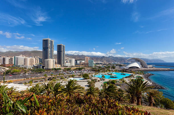 Panorama of Santa Cruz de Tenerife resorts and pools, Tenerife, Canary islands, Spain. stock photo