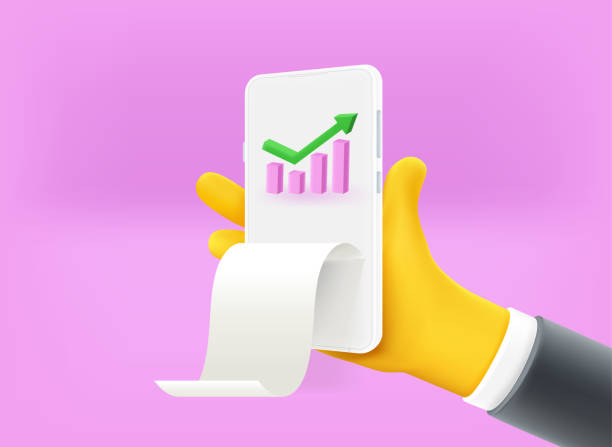 istock Businessman holding modern smartphone and show business stats. 3d vector illustration 1445987175
