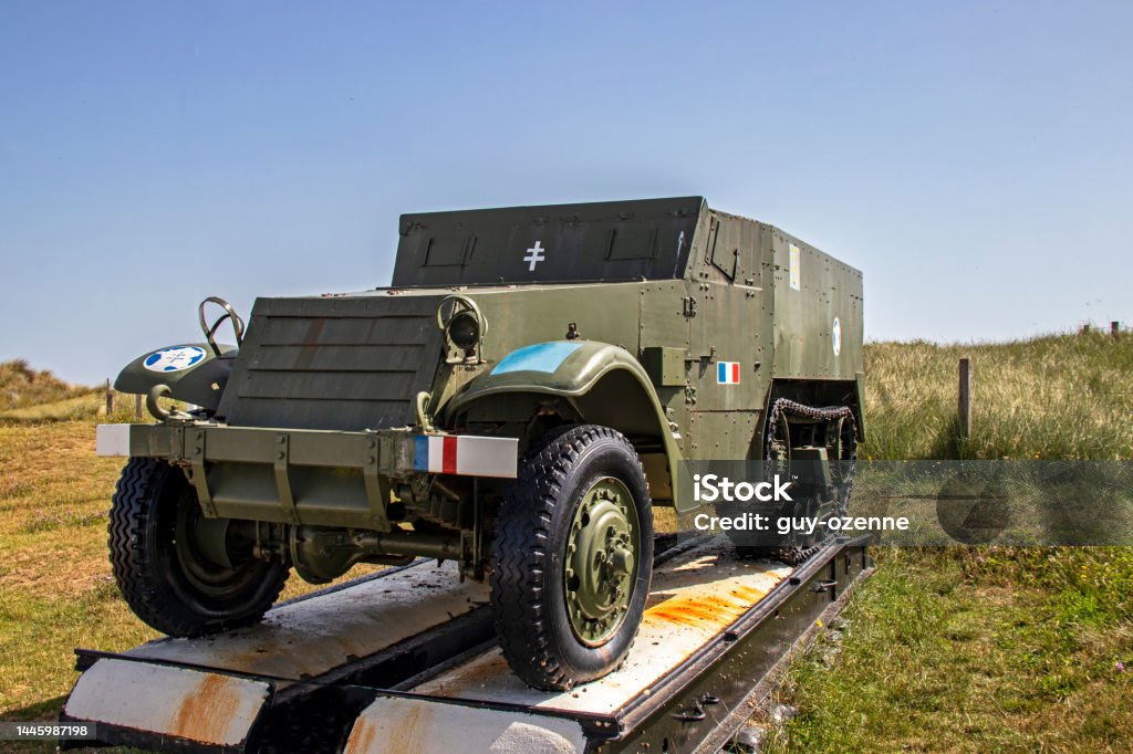 Saint-Martin-de-Varreville. Armoured vehicle of the Second World War.  Manche. Normandy Half Track M3 armoured vehicle of the Second World War Bulletproof Stock Photo