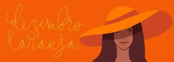 Vector illustration of Orange December in portuguese Dezembro Laranja, Brazil campaign for skin cancer awareness. Handwritten calligraphy lettering, brown skin adult woman in strawhat vector art
