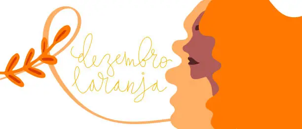 Vector illustration of Orange December in portuguese Dezembro Laranja, Brazil campaign for skin cancer awareness. Handwritten calligraphy lettering, brown skin adult woman vector art