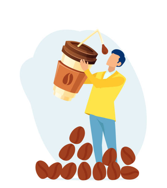 Vector of a young man drinking coffee from a big cup with a straw Vector of a man drinking coffee from a big cup with a straw coffee addict stock illustrations