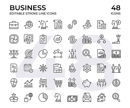 Vector Line Icon Set. Editable stroke, pixel perfect, black line icons. This Icon set consists of Briefcase, Responsible Business, Business Strategy, ERP, Efficiency, Budget, Payment Date, Financial Strategy, Capacity Planning, Manufacturing and so on