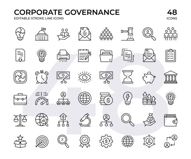 set ikon garis vektor tata kelola perusahaan. set icon ini terdiri dari gedung pemerintahan, kepatuhan, hukum, prosedur, dan sebagainya - bisnis ilustrasi stok