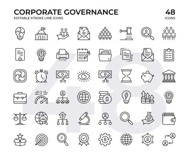 Vector illustration of Corporate Governance Vector Line Icon Set. This Icon set consists of Government Building, Compliance, Law, Procedure, and so on