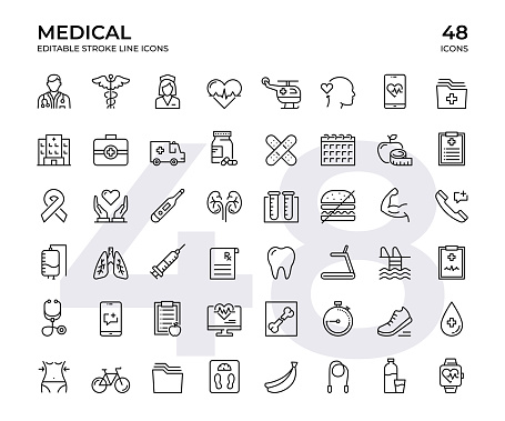 Medical Vector Line Icon Set. Editable stroke, pixel perfect, black line icons. This Icon set consists of Doctor, Nurse, Hospital, Ambulance, Medical Report, Stethoscope, Blood Donation and so on