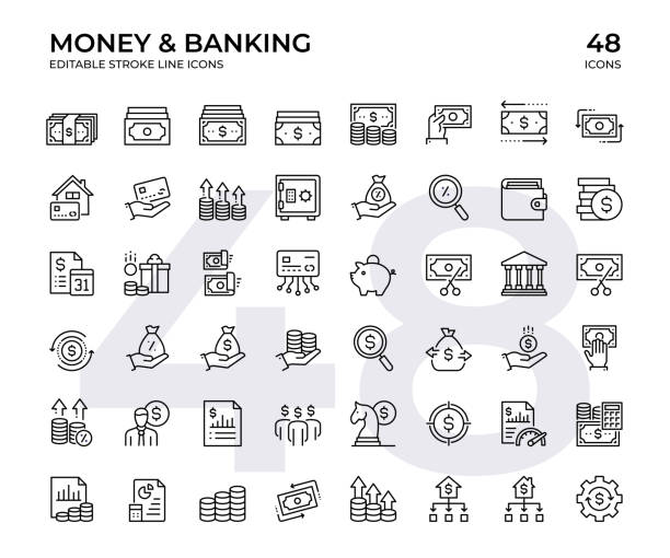 stockillustraties, clipart, cartoons en iconen met money and banking vector line icon set. this icon set consists of money, coin, cash flow, expense, income, revenue, wallet and so on - papiergeld