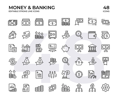 Vector Line Icon Set. Editable stroke, pixel perfect, black line icons.  This Icon set consists of Money, Coin, Cash Flow, Expense, Income, Revenue, Wallet, Banking, Calculation, Growth and so on