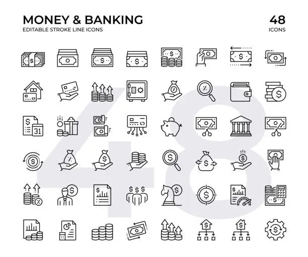 Vector illustration of Money And Banking Vector Line Icon Set. This Icon set consists of Money, Coin, Cash Flow, Expense, Income, Revenue, Wallet and so on