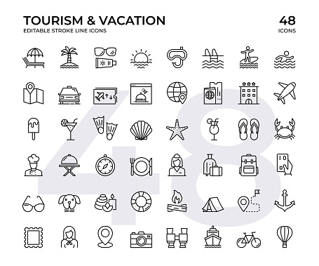 Tourism And Vacation Vector Line Icon Set. Editable stroke, pixel perfect, black line icons.  This Icon set consists of Sunset, Swimming Pool, Surfing, Spa, Hotel, Airplane Ticket, Travel Destinations and so on