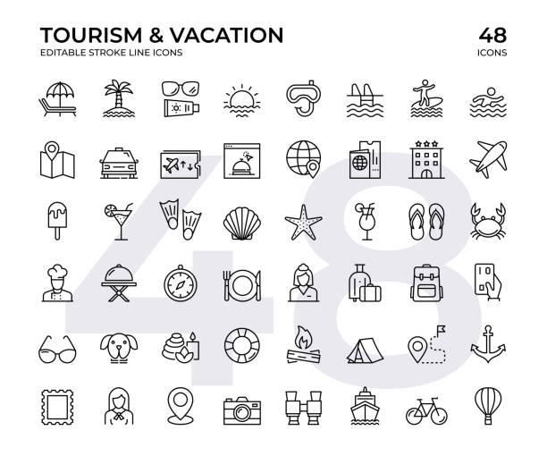 Tourism And Vacation Vector Line Icon Set. This Icon set consists of Sunset, Swimming Pool, Surfing, Spa, Hotel, Airplane Ticket, Travel Destinations and so on Tourism And Vacation Vector Line Icon Set. Editable stroke, pixel perfect, black line icons.  This Icon set consists of Sunset, Swimming Pool, Surfing, Spa, Hotel, Airplane Ticket, Travel Destinations and so on hotel stock illustrations