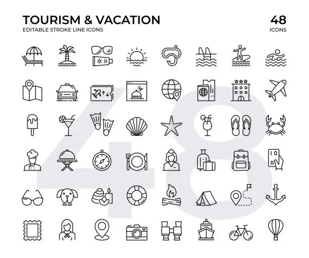 Vector illustration of Tourism And Vacation Vector Line Icon Set. This Icon set consists of Sunset, Swimming Pool, Surfing, Spa, Hotel, Airplane Ticket, Travel Destinations and so on