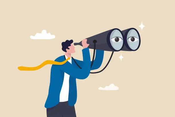 Vector illustration of Observation, search for opportunity, curiosity or surveillance, inspect or discover new business, job search or hr finding candidate concept, curious businessman look through binoculars with big eyes.
