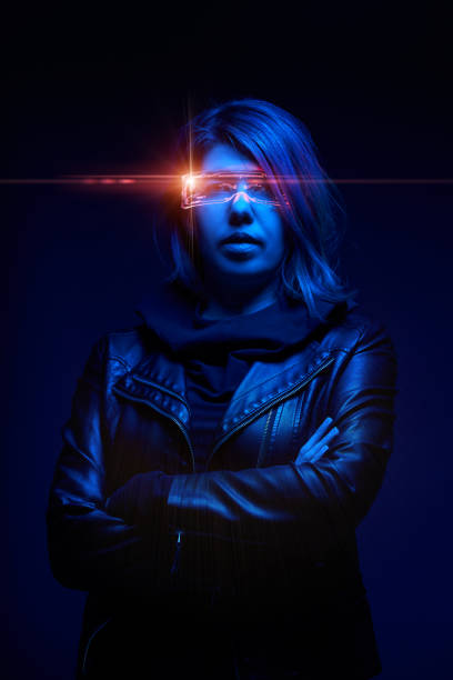 Woman is using augmented reality headset. Concept of virtual, augmented and extended reality, metaverse and cybersport.