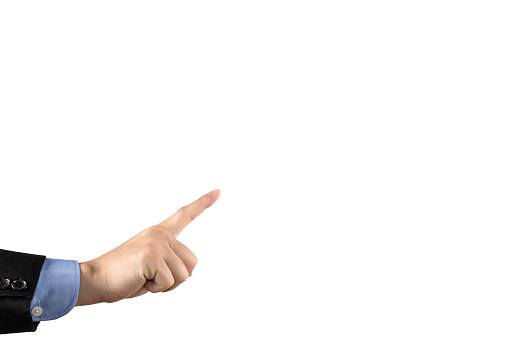 Man hand stretches out to take, arm body part of people isolated on white background.