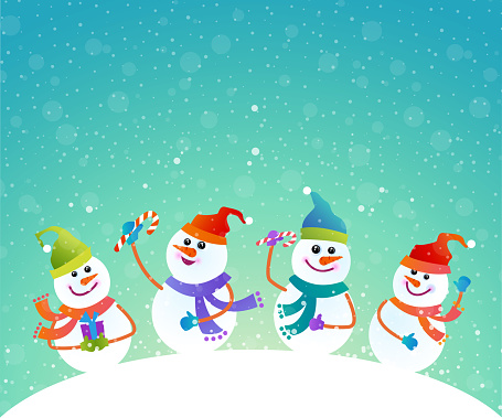 A set of happy snowman in winter and snowy background