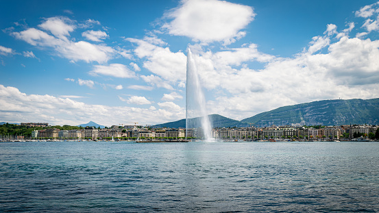On the shores of Lake Geneva - Lac Léman - in Geneva, Switzerland, is the Jet d'Eau, a 140 m high jet of water, which helps to cool off on sizzling summer days.